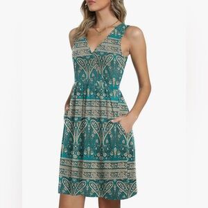 CATHY Womens Sleeveless V Neck Sundress with Pockets Blue-Khaki Size 2XL